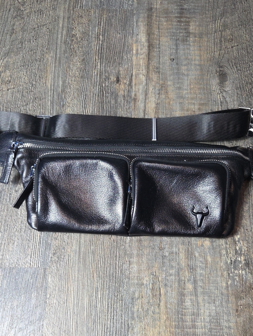 Leather Waist Bag with Double Front Pockets - Black